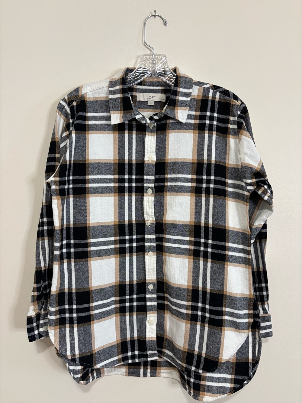 LOFT Black and Cream Plaid Button-Down Shirt - Picture 3 of 6